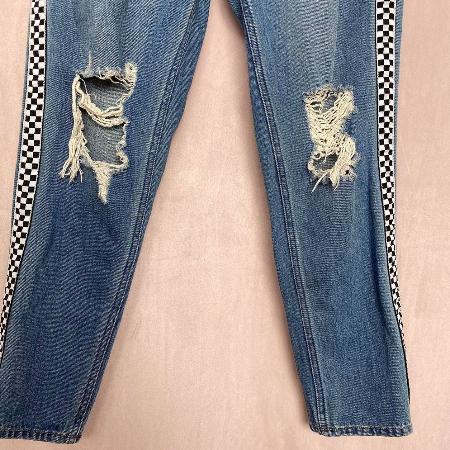 Secondhand Empyre Eileen Checkered Stripe Distressed Mom Jeans, Size 0