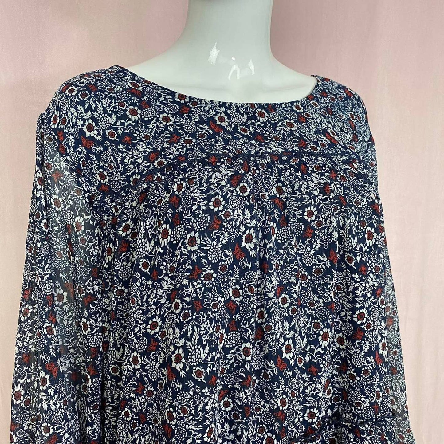 Secondhand Ellos Tier Ruffle Peasant Dress in Navy Ditsy Floral, Size 24
