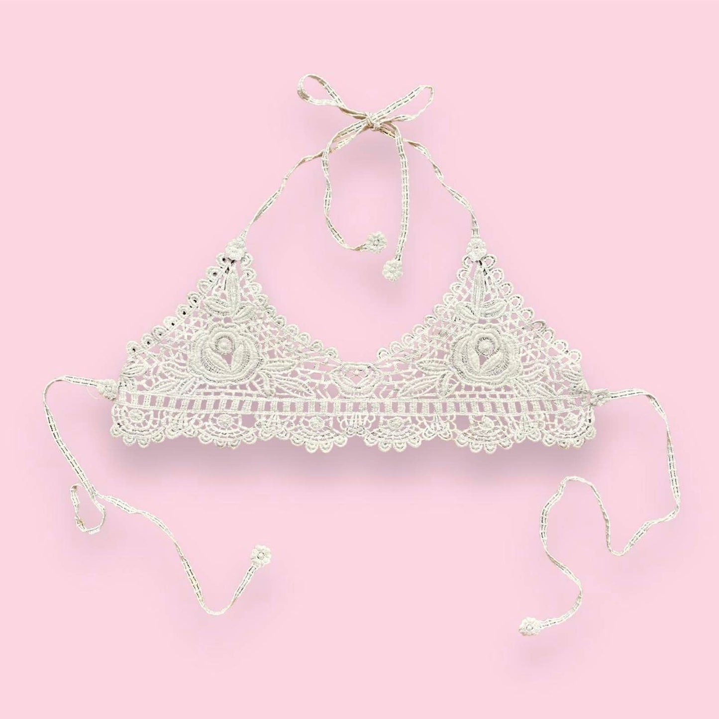 Vintage Handmade Floral Crochet Bralette, Size Large