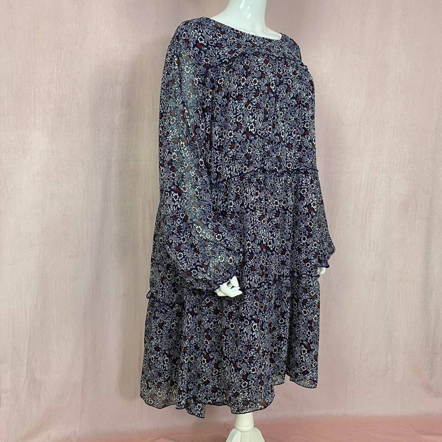 Secondhand Ellos Tier Ruffle Peasant Dress in Navy Ditsy Floral, Size 24