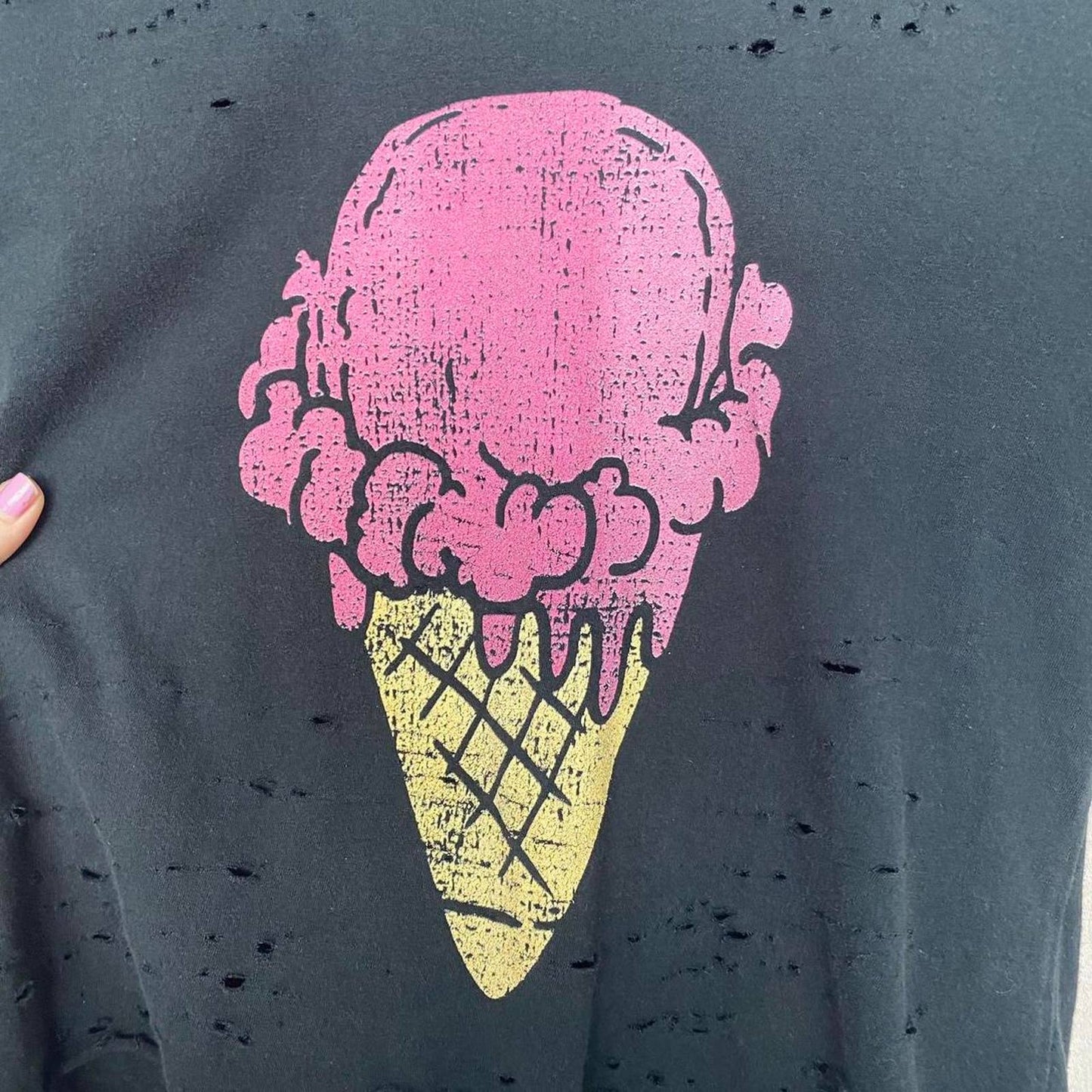 Reworked Distressed Ice Cream Tee, Size Small