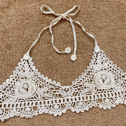 Vintage Handmade Floral Crochet Bralette, Size Large