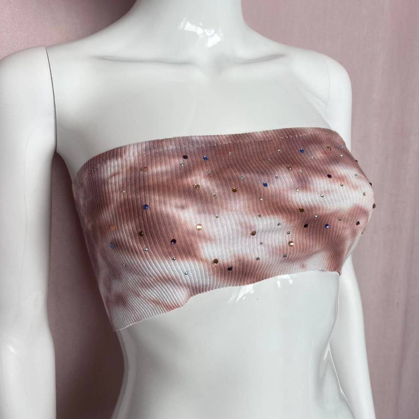 Scrap Fabric Rhinestone Tie Dye Crop Tube Top, Size Small