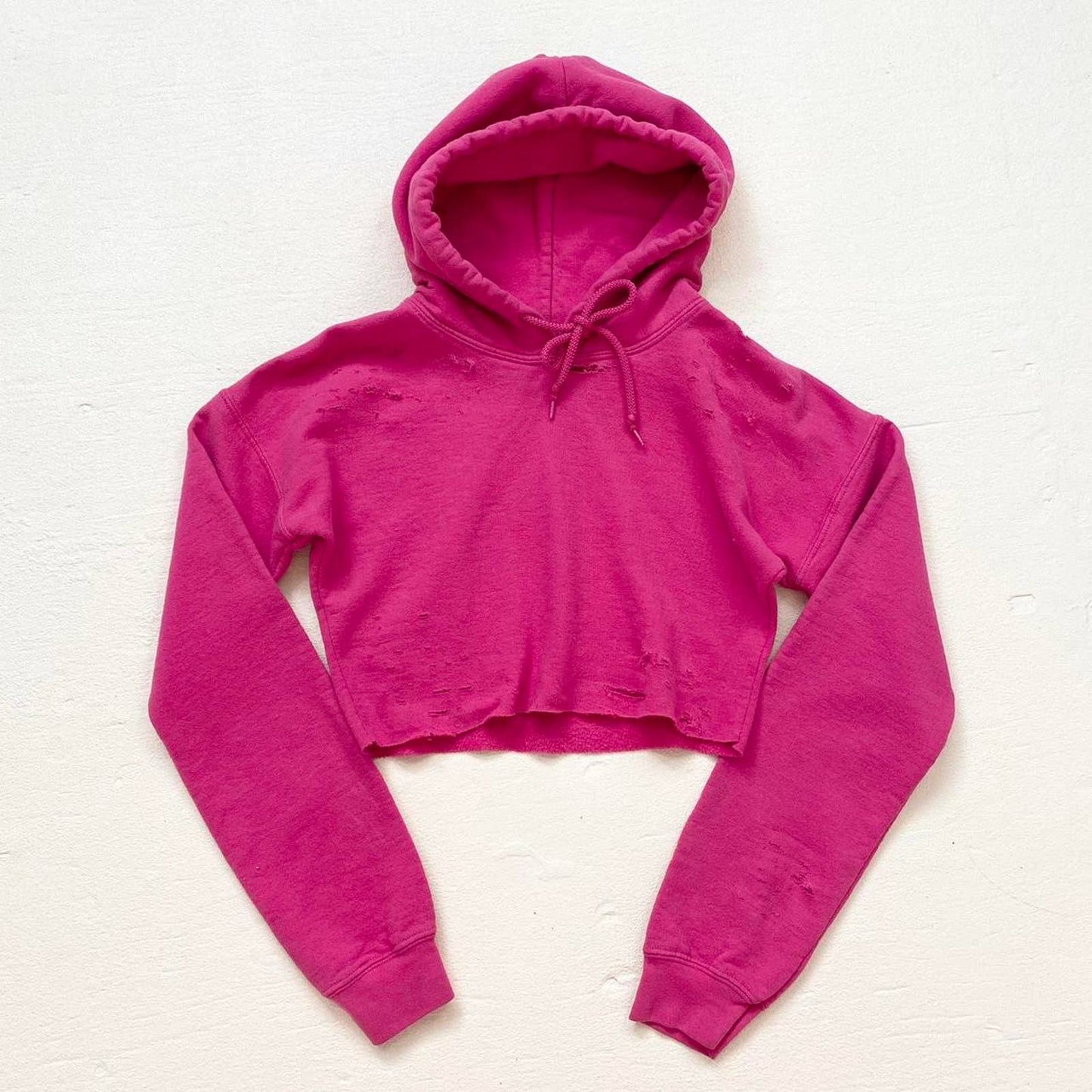 Upcycled Gildan Distressed Pink Crop Hoodie, Size Medium