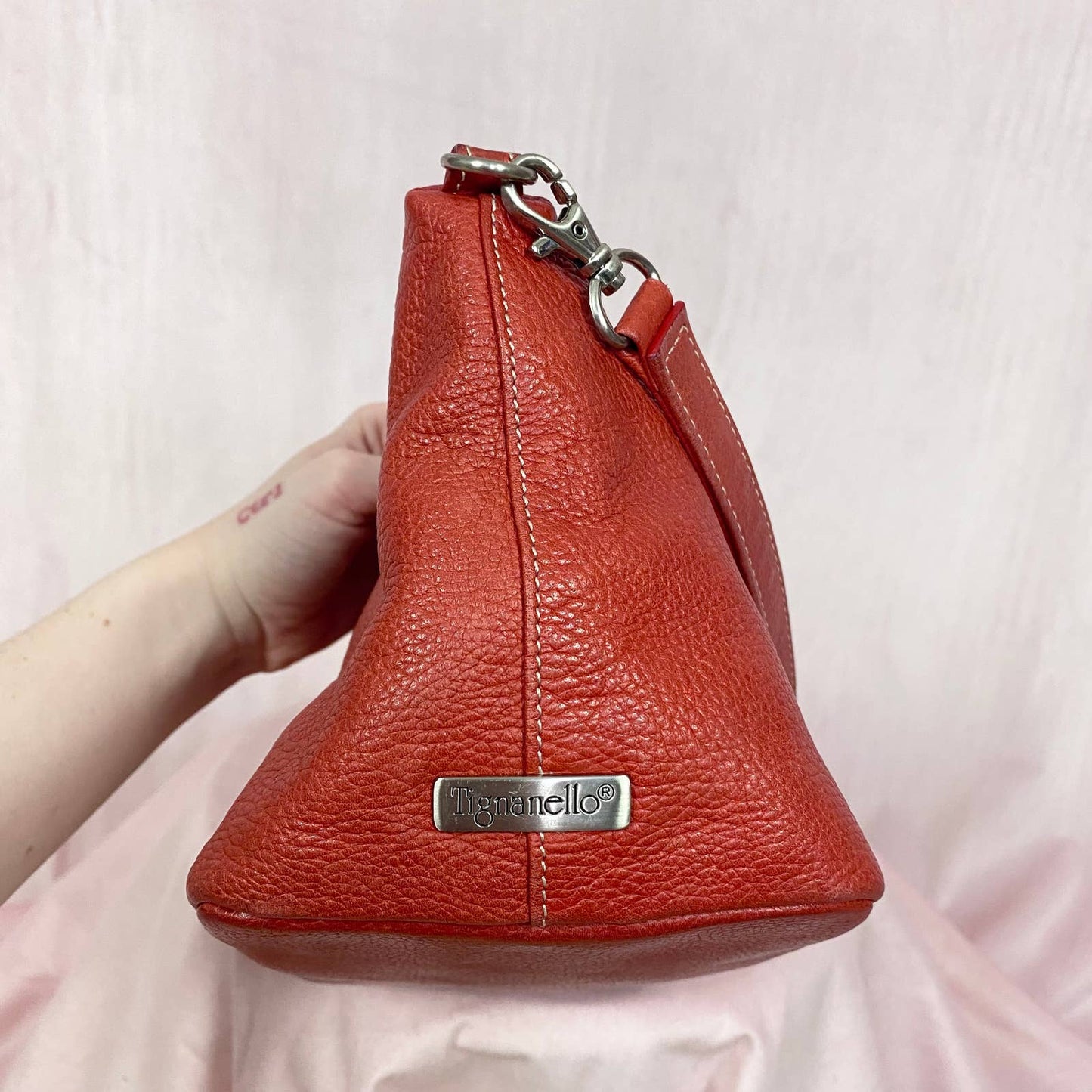 Vintage Tignanello Red-Orange Leather Shoulder Bag