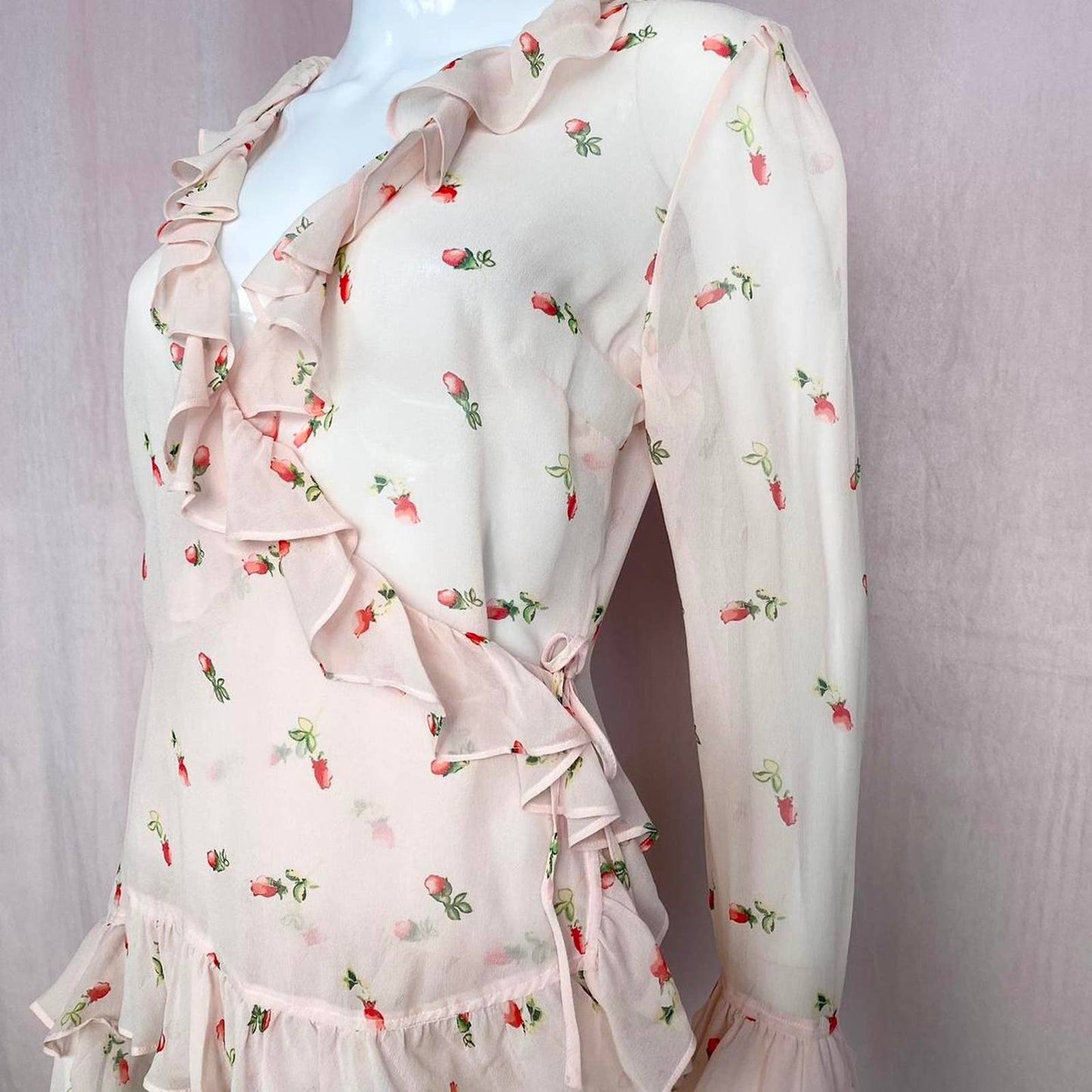 Y2K Moda International Floral Ruffle Wrap Silk Blouse, Size Medium