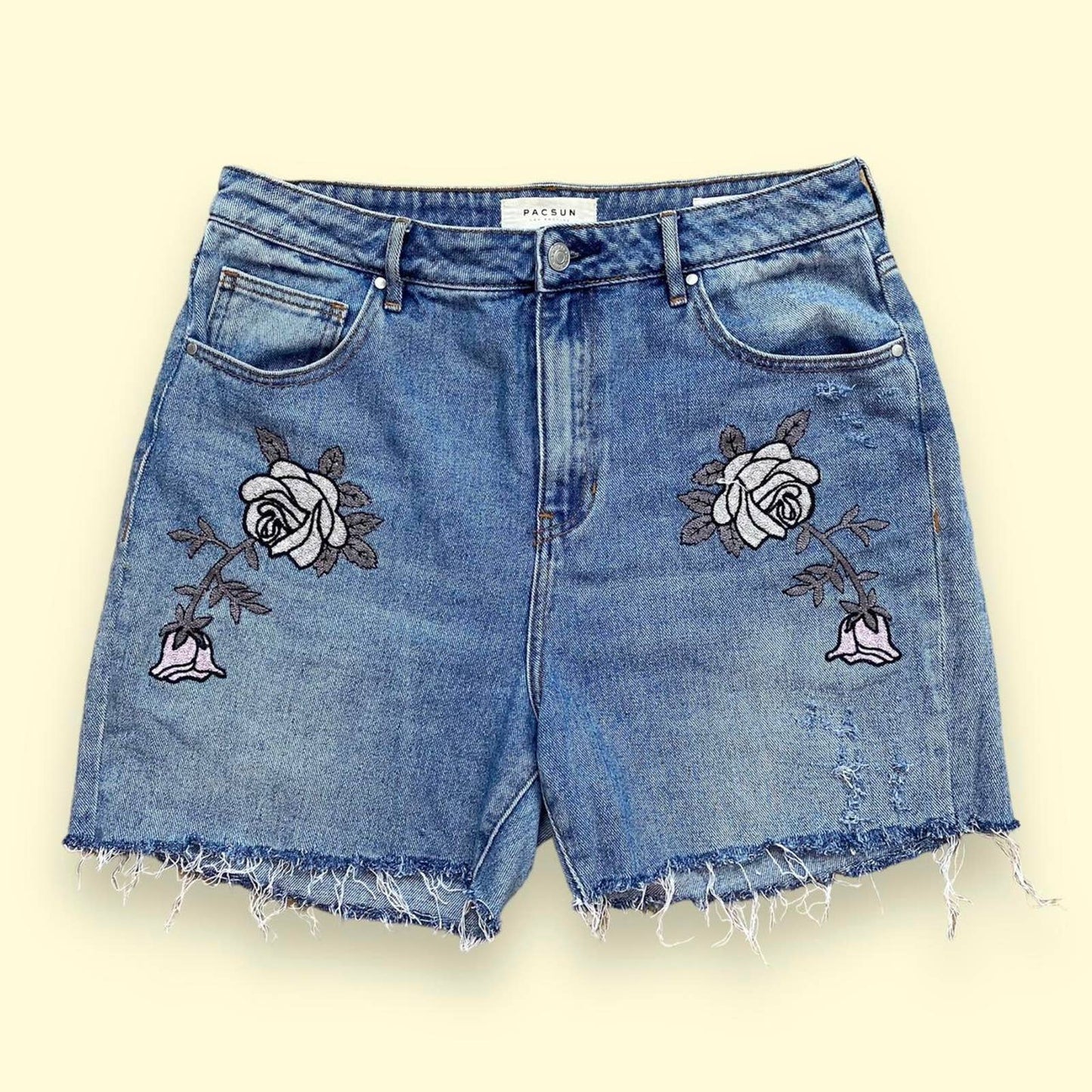 Reworked PacSun Floral Embroidered Cut Off Denim Shorts, Size 30