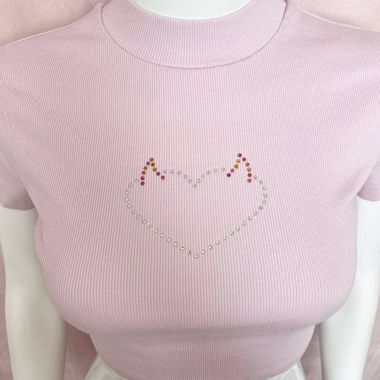 Upcycled Urban Outfitters Devil Heart Rhinestone Pink Crop Baby Tee, Size XS