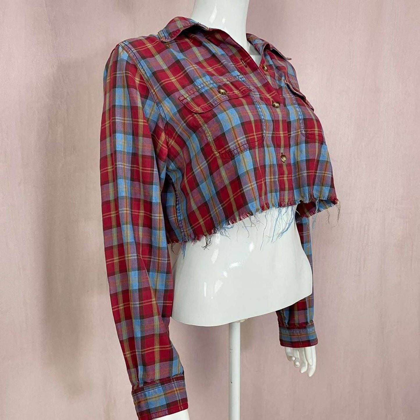 Reworked Vintage Liz Claiborne Plaid Crop Button Up, Size Medium