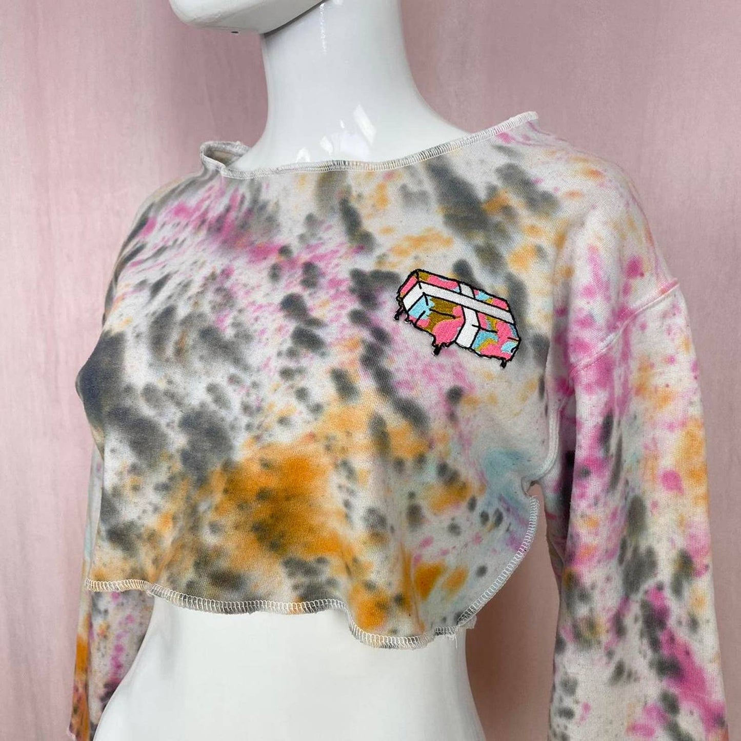 Upcycled Tie Dye Crop Crewneck Sweatshirt, Size Small