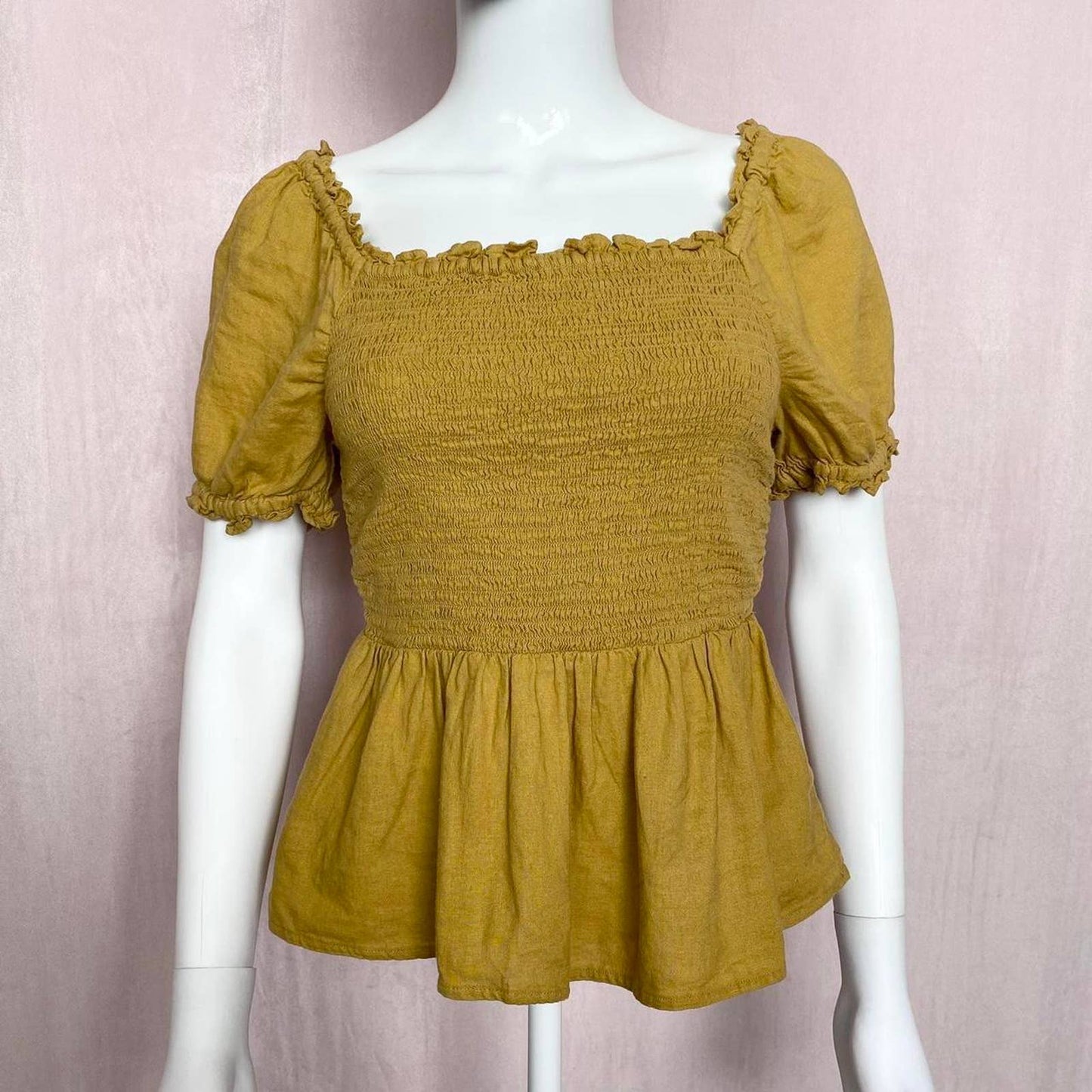 Secondhand Old Navy Mustard Smocked Puff Sleeve Top, Size Small