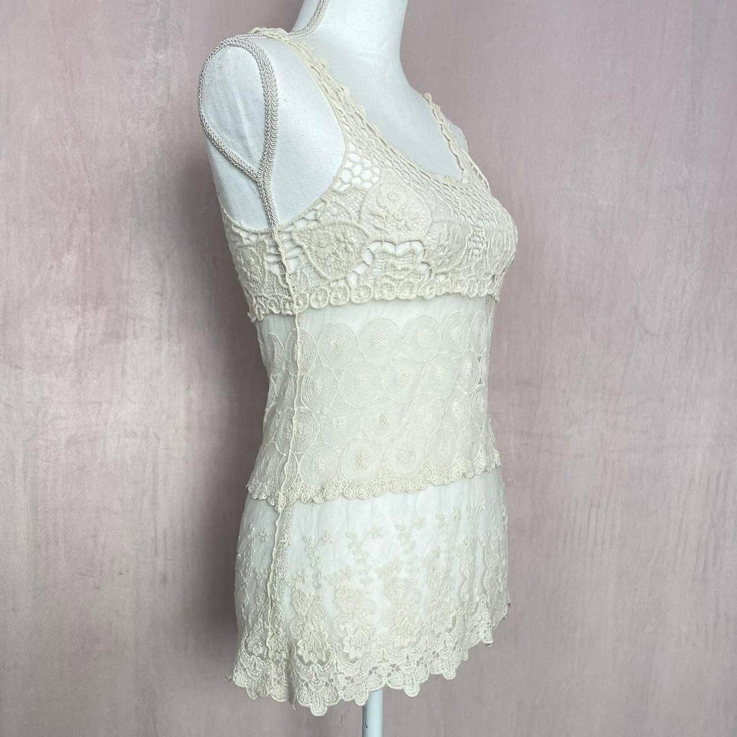 Secondhand Tiered Floral Crochet Lace Tank Top, Size Small