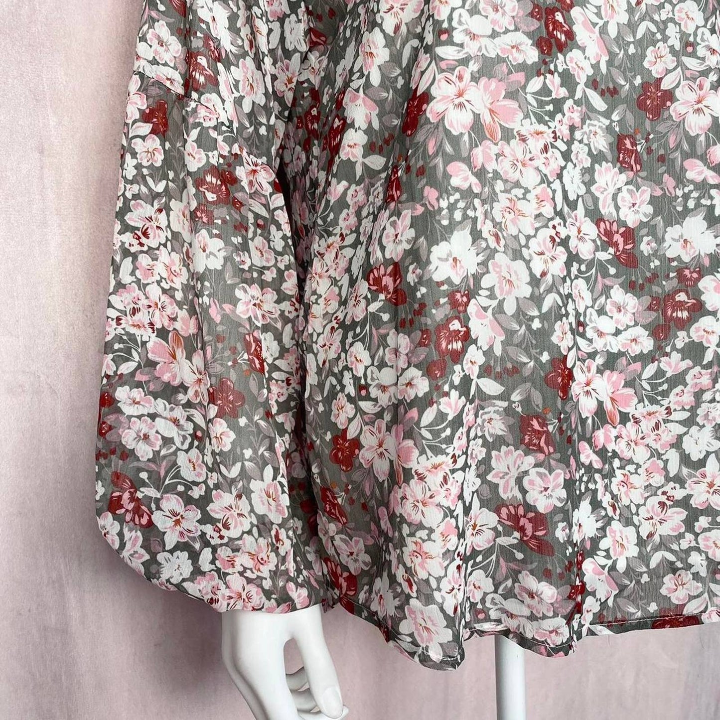 Secondhand Floral Chiffon V-Neck Long Sleeve Blouse, Size Medium