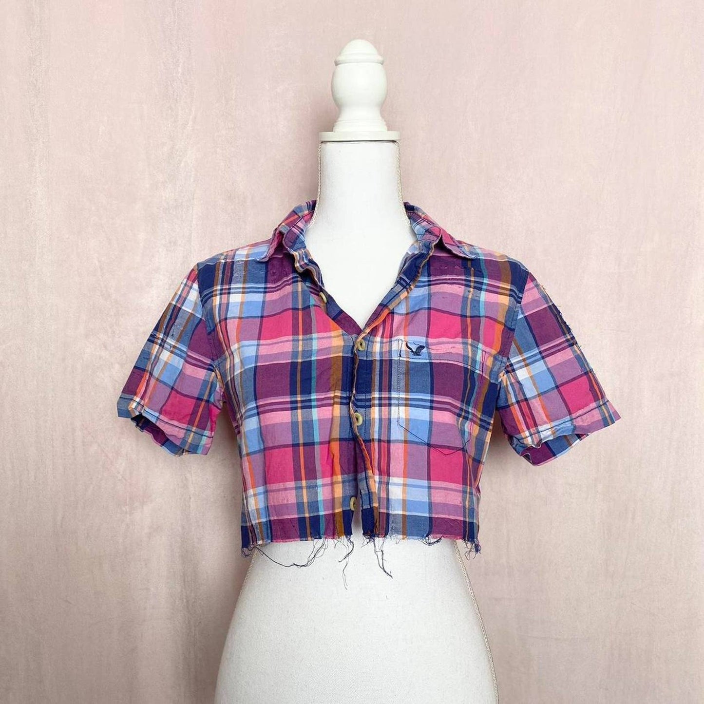 Upcycled Y2K American Eagle Outfitters Distressed Crop Button Up, Size XS