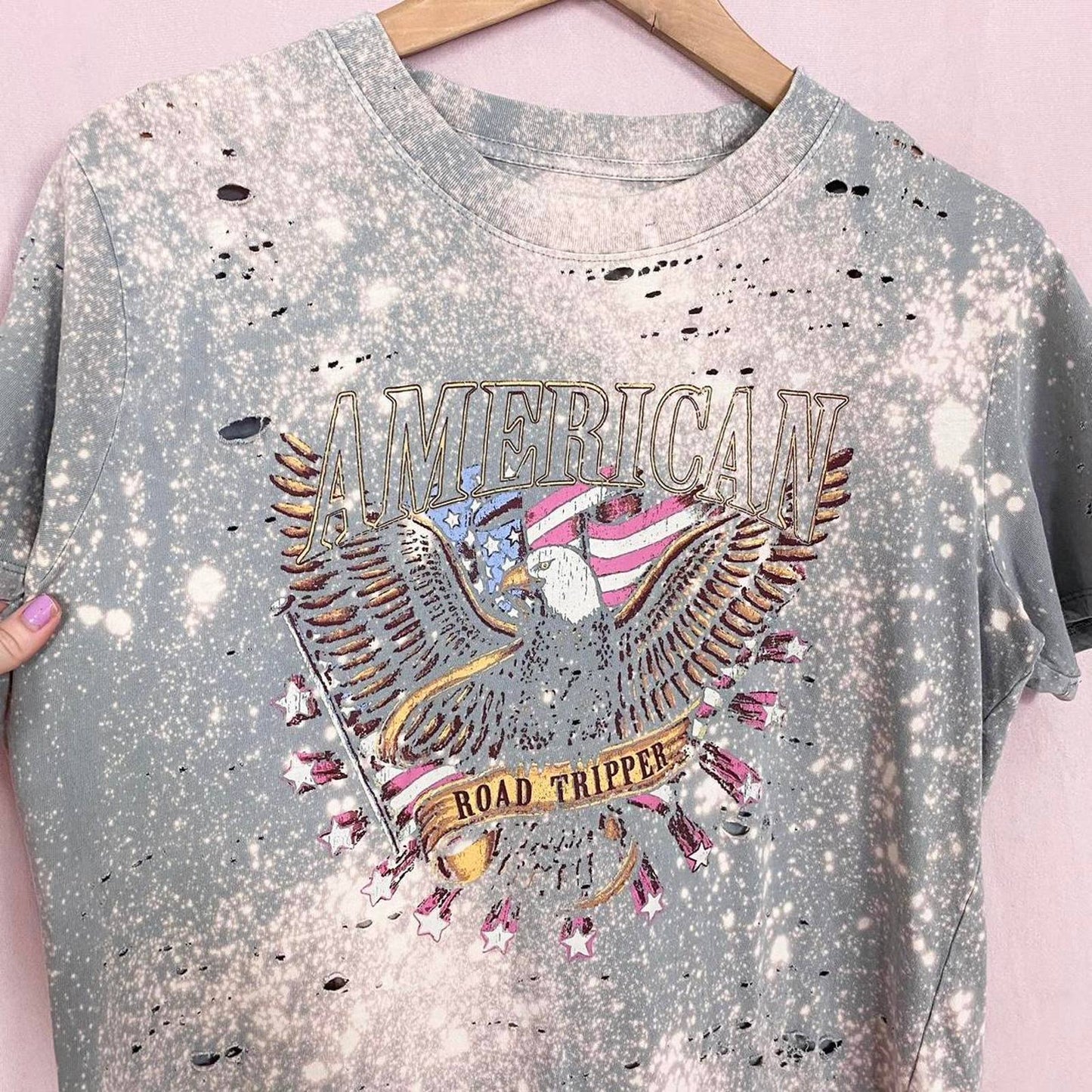 Upcycled Cotton On Distressed Bleached American Graphic Tee, Size Large