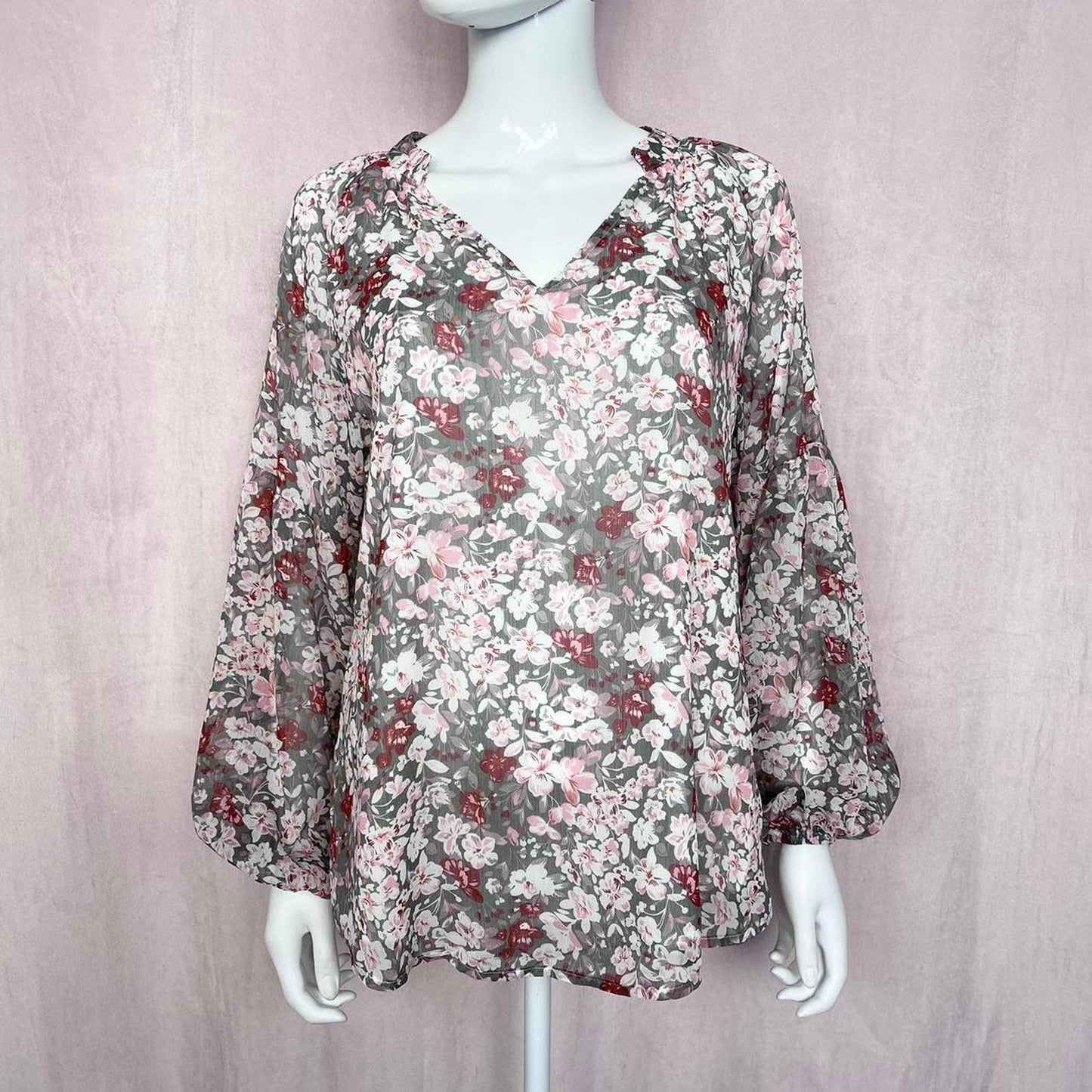 Secondhand Floral Chiffon V-Neck Long Sleeve Blouse, Size Medium