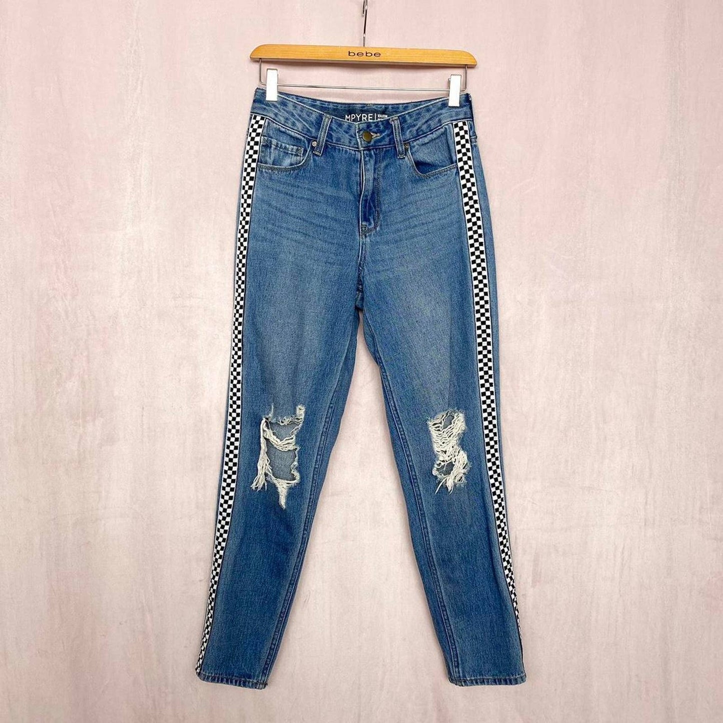 Secondhand Empyre Eileen Checkered Stripe Distressed Mom Jeans, Size 0