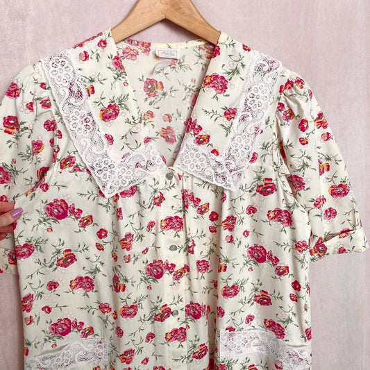 Vintage Floral Lace Trim Snap Front A-Line Dress, Size Large