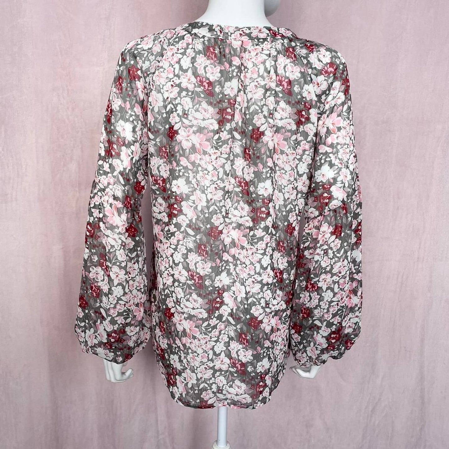 Secondhand Floral Chiffon V-Neck Long Sleeve Blouse, Size Medium