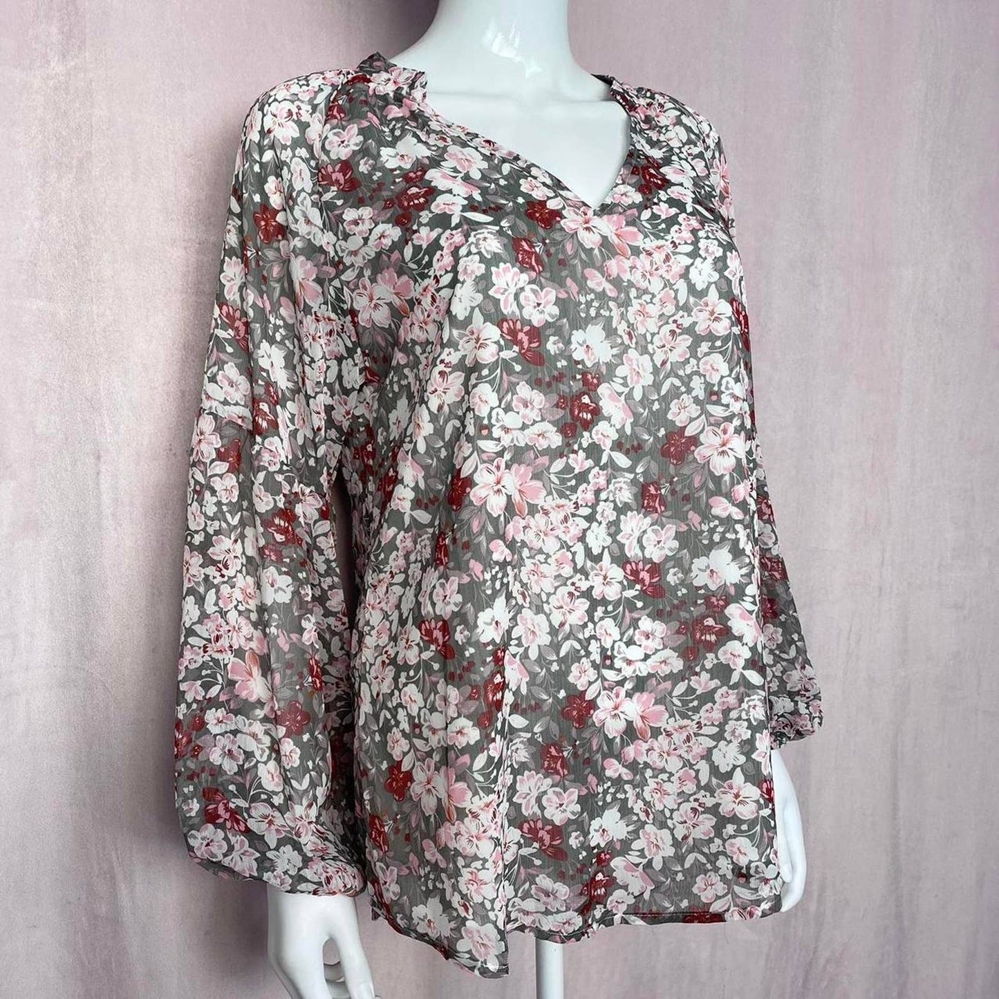 Secondhand Floral Chiffon V-Neck Long Sleeve Blouse, Size Medium