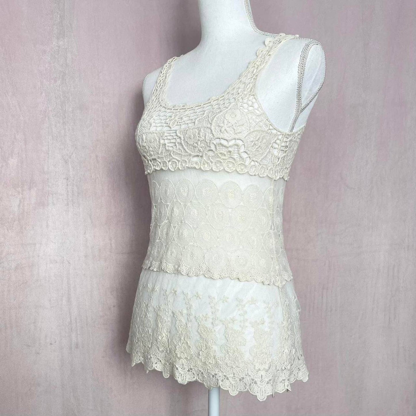 Secondhand Tiered Floral Crochet Lace Tank Top, Size Small