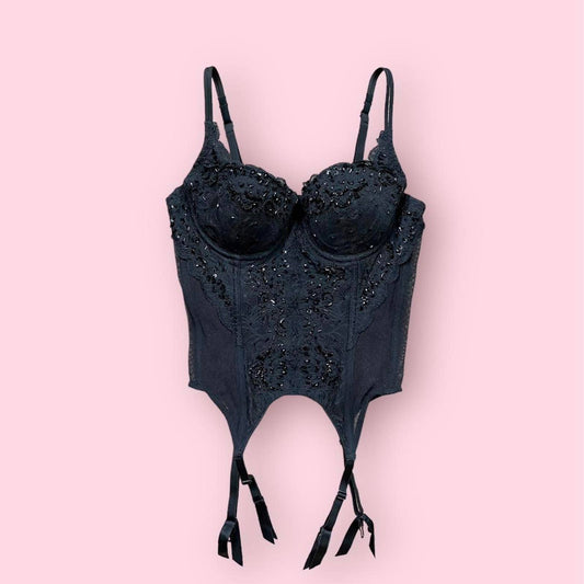 Vintage Victoria’s Secret Black Corset Beaded Lace Bustier, Size 34B