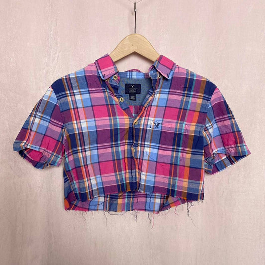 Upcycled Y2K American Eagle Outfitters Distressed Crop Button Up, Size XS