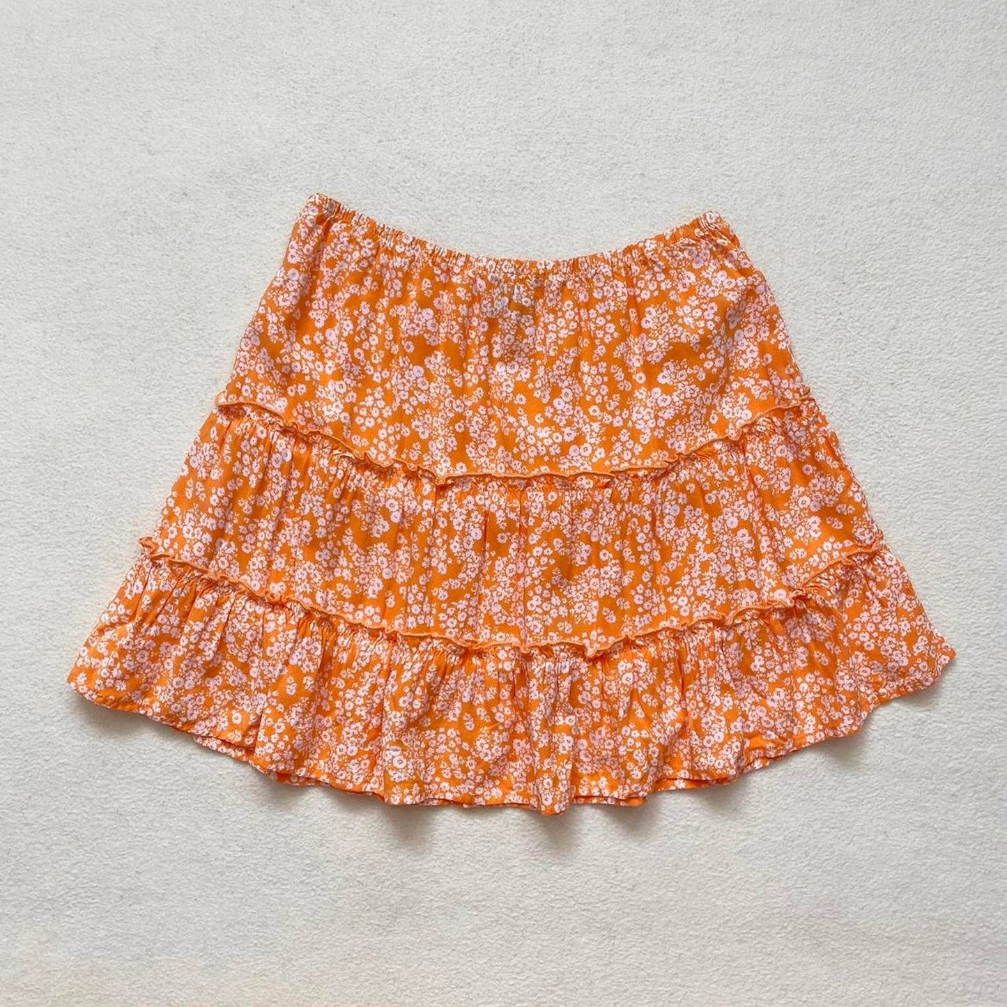 Secondhand Art Class Orange Floral Tiered Mini Skirt, Size Small