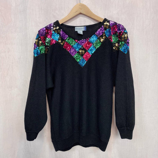 Vintage Colorful Sequins Black Sweater, Size Large Petite