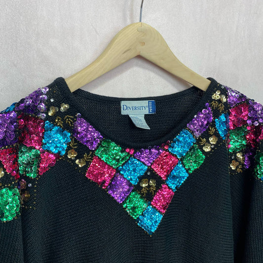 Vintage Colorful Sequins Black Sweater, Size Large Petite