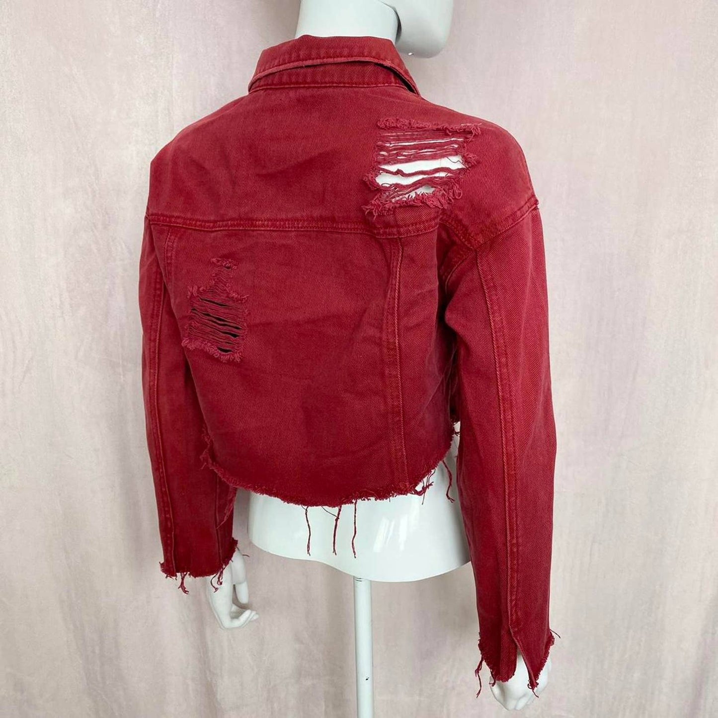 Upcycled Red Distressed Crop Denim Jacket, Size Small