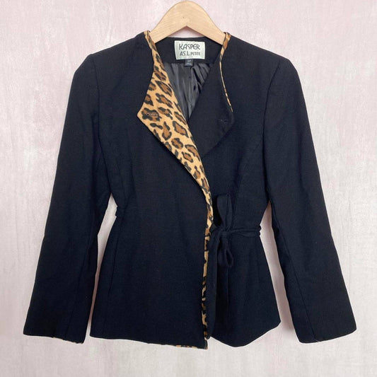 Vintage Kasper Leopard Print Black Blazer, Size Small
