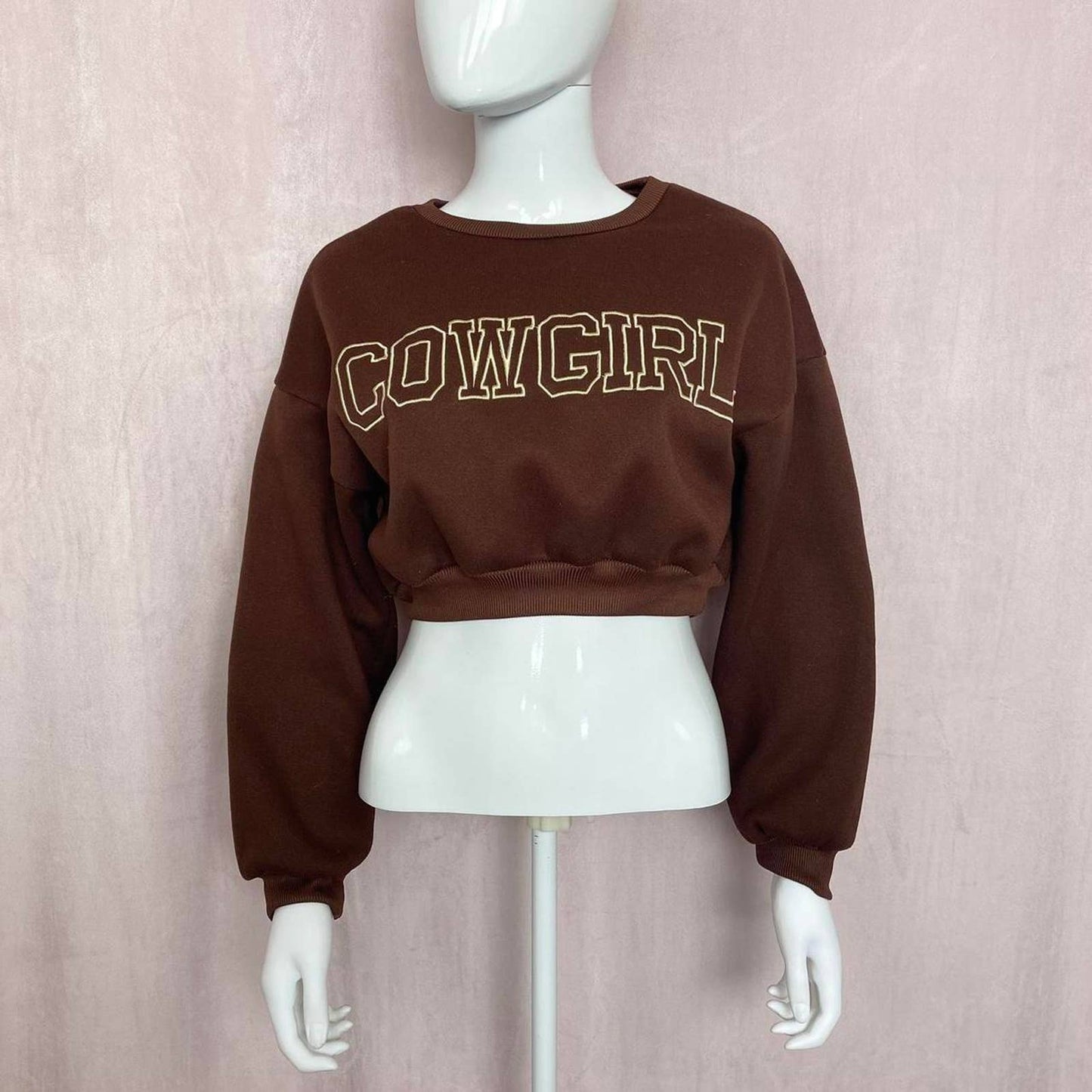 Reworked Cowgirl Brown Crop Crewneck Sweatshirt, Size S/M