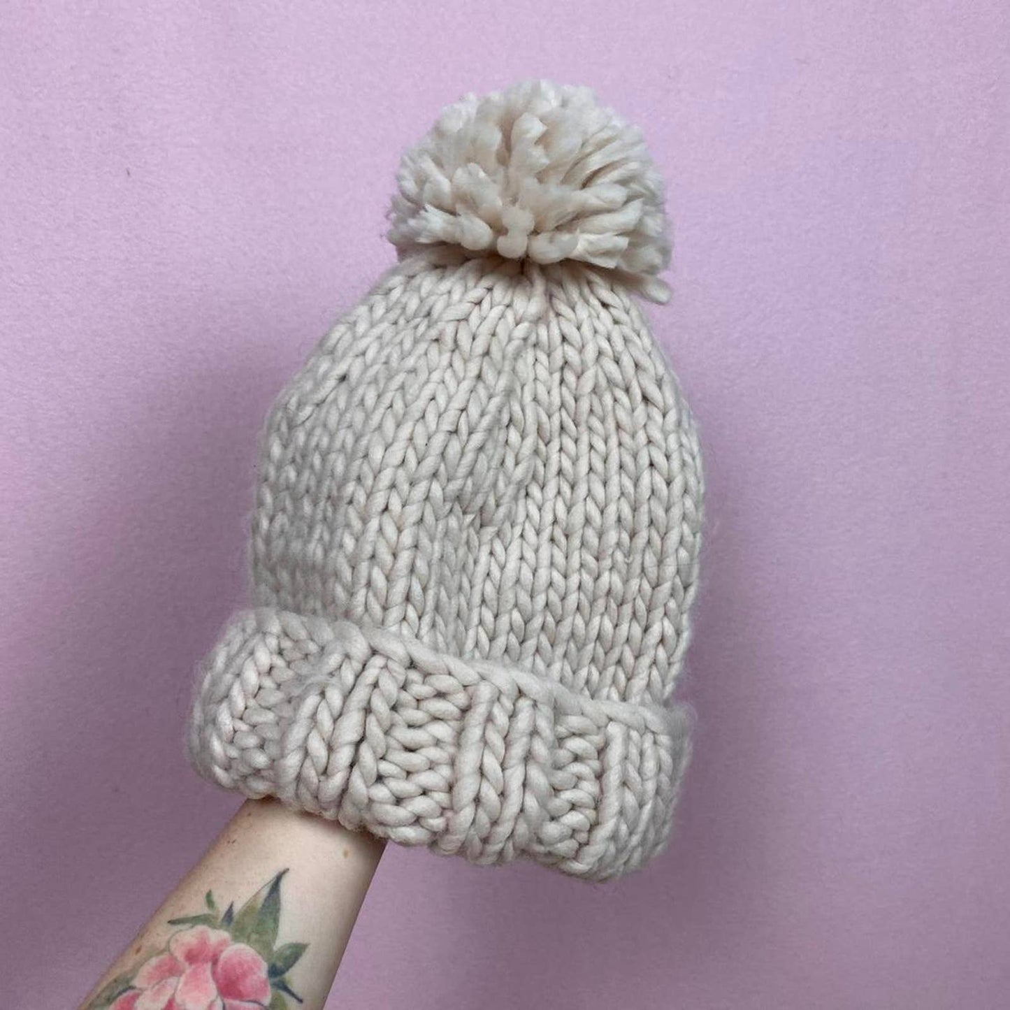 Secondhand Beige Pom Pom Acrylic Knit Beanie Hat, OS