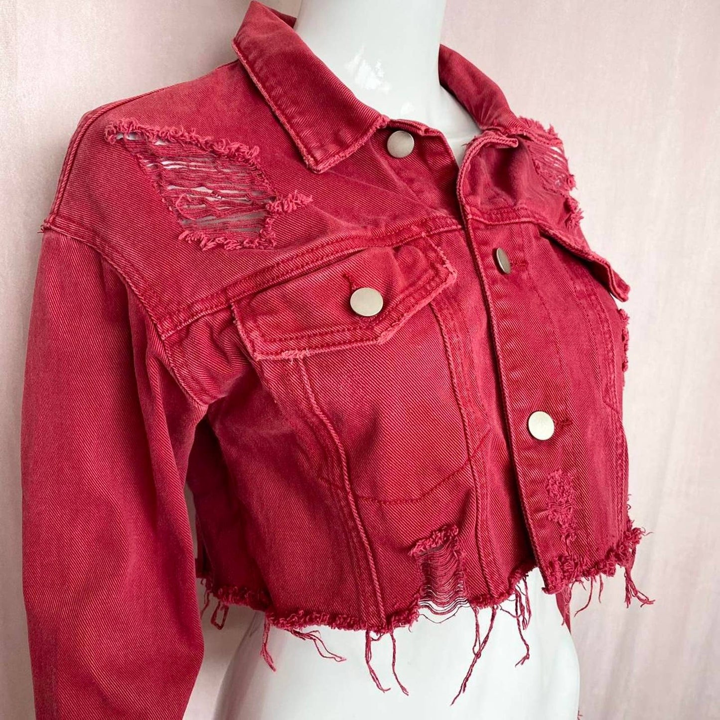 Upcycled Red Distressed Crop Denim Jacket, Size Small