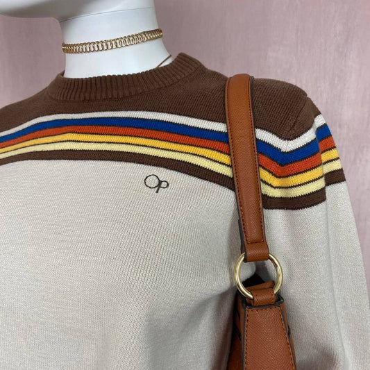 vintage ocean pacific cropped stripe brown tan knit sweater, fits size medium