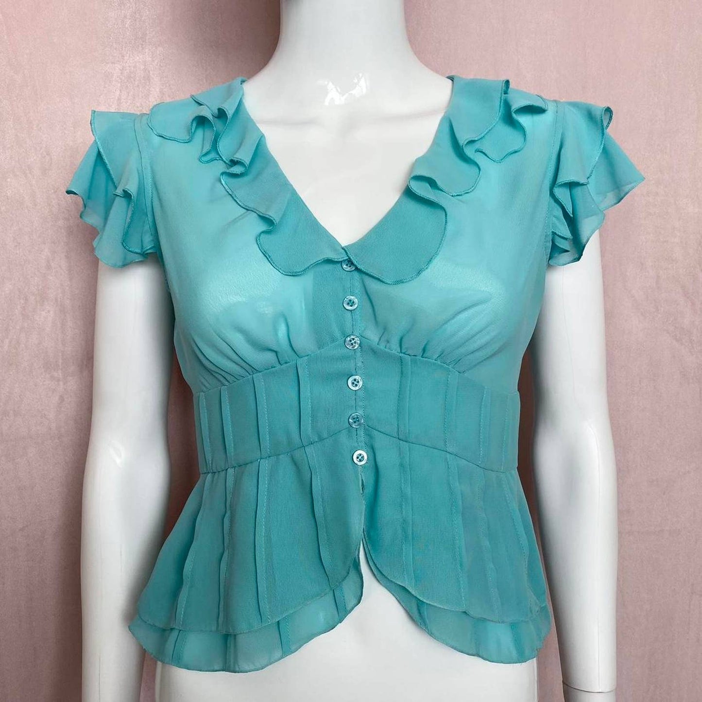 Secondhand Ruffle Trim Babydoll Turquoise Top, Size Small