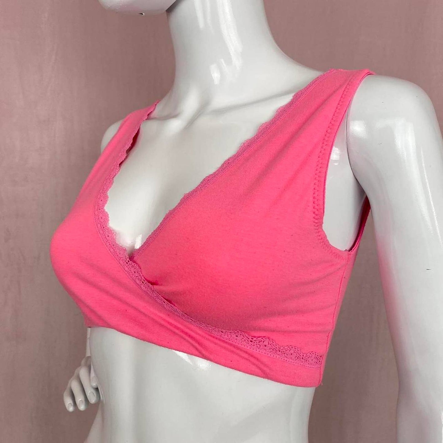 Lamaze Bright Neon Pink Lace Trim V-Neck Wrap Bralette, Size Small