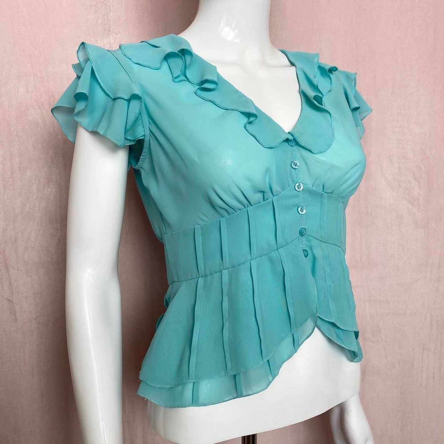 Secondhand Ruffle Trim Babydoll Turquoise Top, Size Small