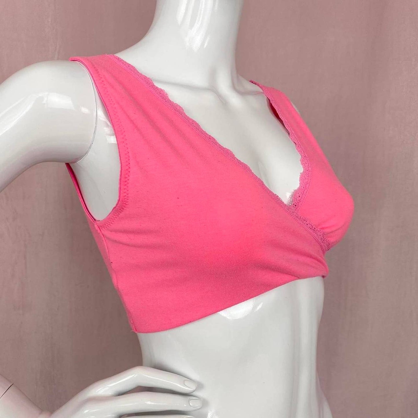 Lamaze Bright Neon Pink Lace Trim V-Neck Wrap Bralette, Size Small