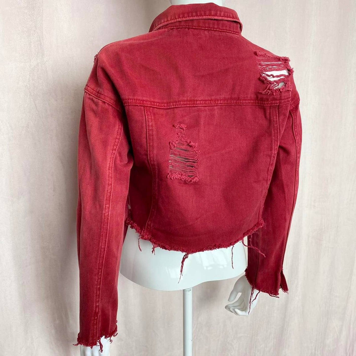 Upcycled Red Distressed Crop Denim Jacket, Size Small