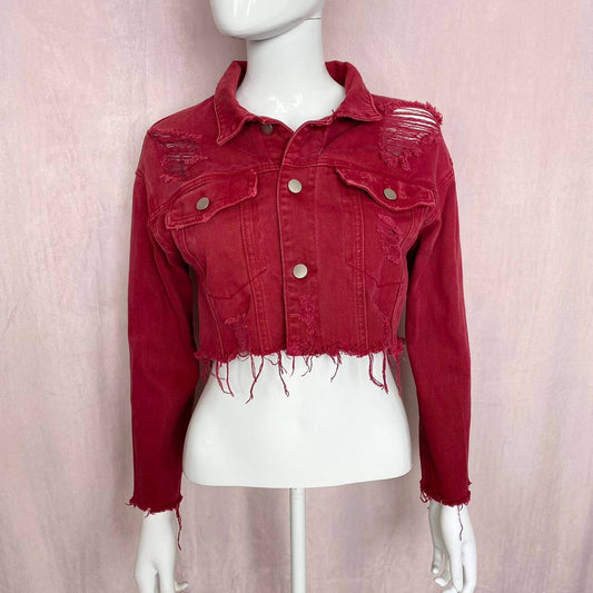 Upcycled Red Distressed Crop Denim Jacket, Size Small
