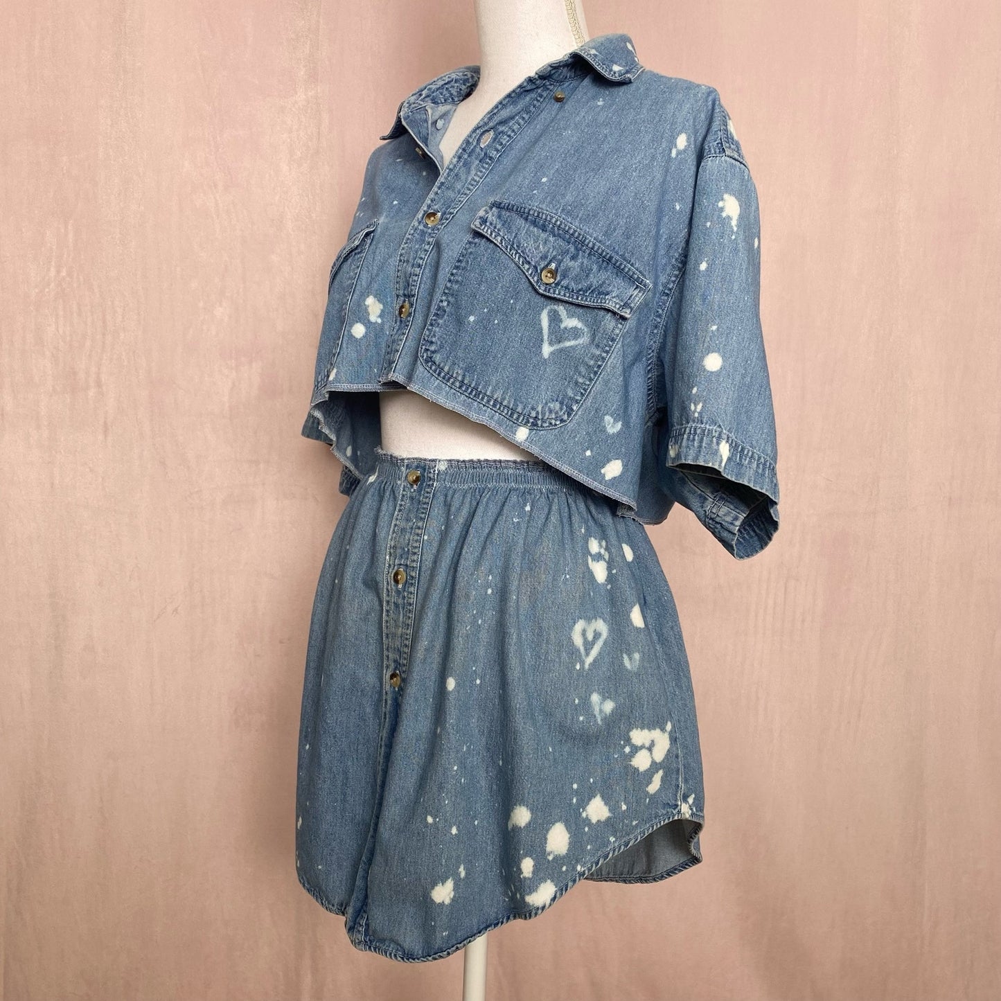 Upcycled Vintage Denim Bleach Heart Button Front Skirt Set, Size M/L
