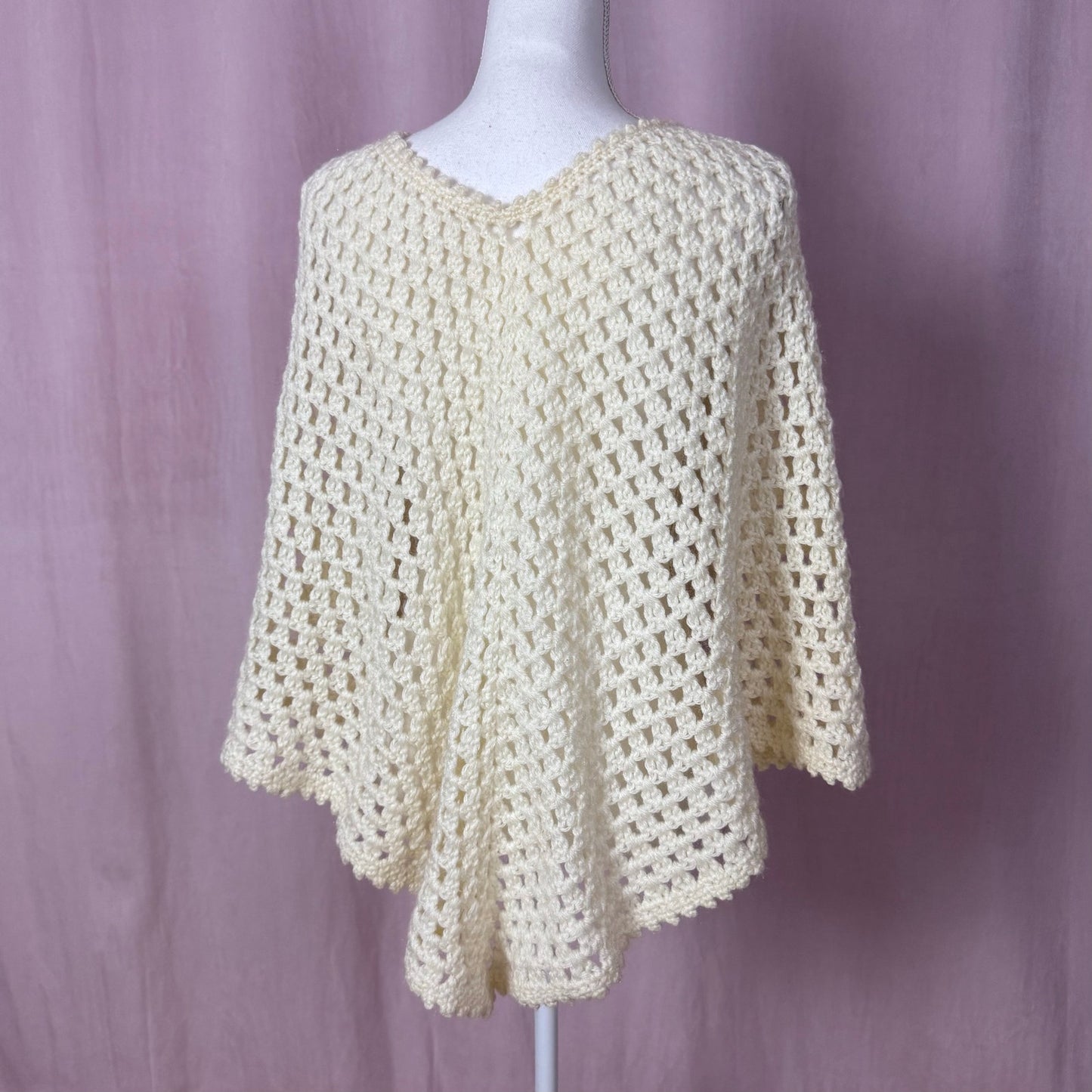 Vintage Handmade Cream Crochet Knit Poncho, One Size