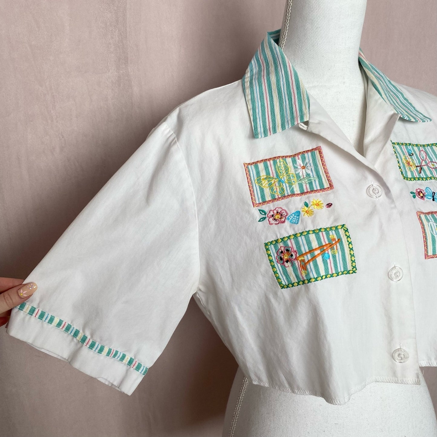 Upcycled Vintage Embroidered Crop Button Up Shirt, Size Large