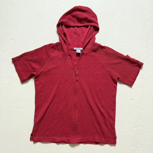 Vintage Moving Bleu Red Short Sleeve Zip Up Hoodie, Size Medium