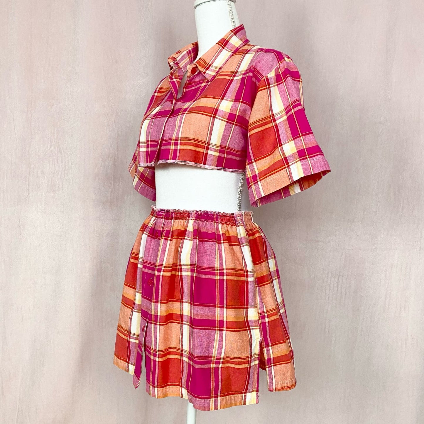 Upcycled Vintage Plaid Crop Shirt & Skirt Set, Size S/M