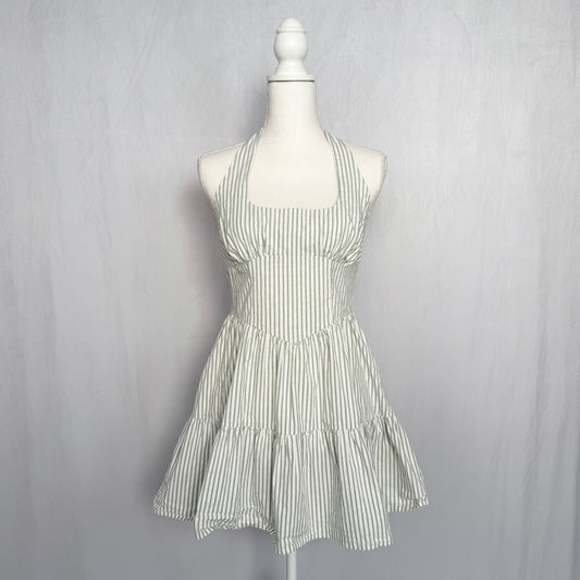 Secondhand Wild Fable Green White Stripe Halter Fit & Flare Mini Dress, Size Medium