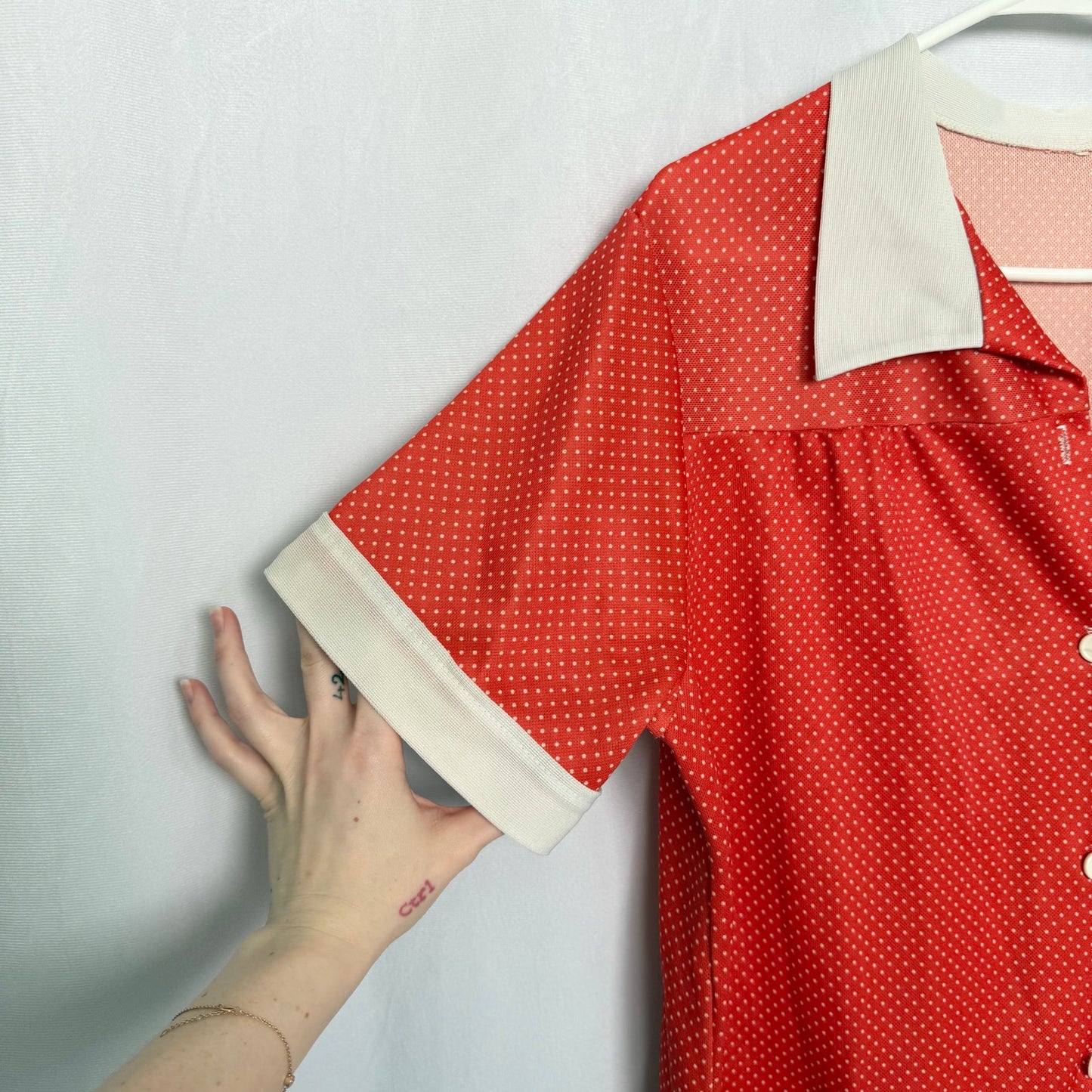 Vintage 60s Red Polka Dot Button Up Shirt, Size Large