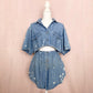 Upcycled Vintage Denim Bleach Heart Button Front Skirt Set, Size M/L